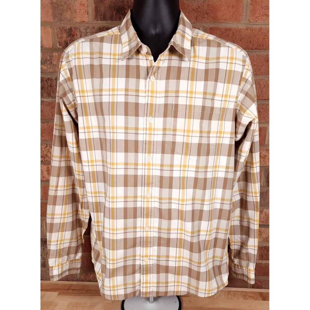 Patagonia Button Down Long Sleeve‎ Mens Size Medium Beige Brown Plaid Shirt